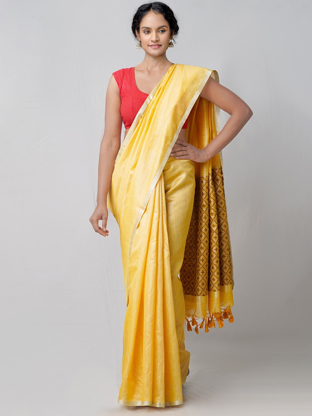 

Unnati Silks Yellow & Brown Woven Design Zari Silk Cotton Kanjeevaram Saree
