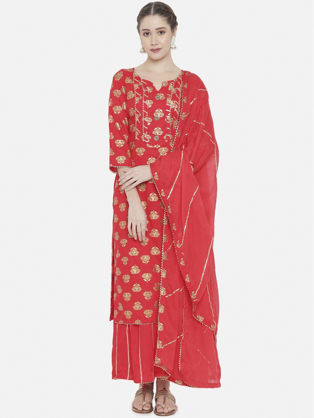 

Prakhya Women Red & Gold-Toned Floral Gotta Patti Kurta With Palazzos & Dupatta