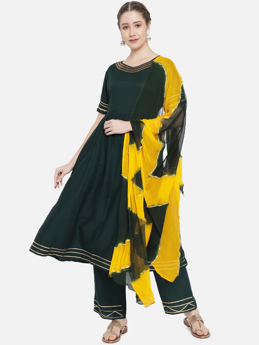 

Prakhya Women Green Embroidered Gotta Patti Kurta with Trousers & With Dupatta
