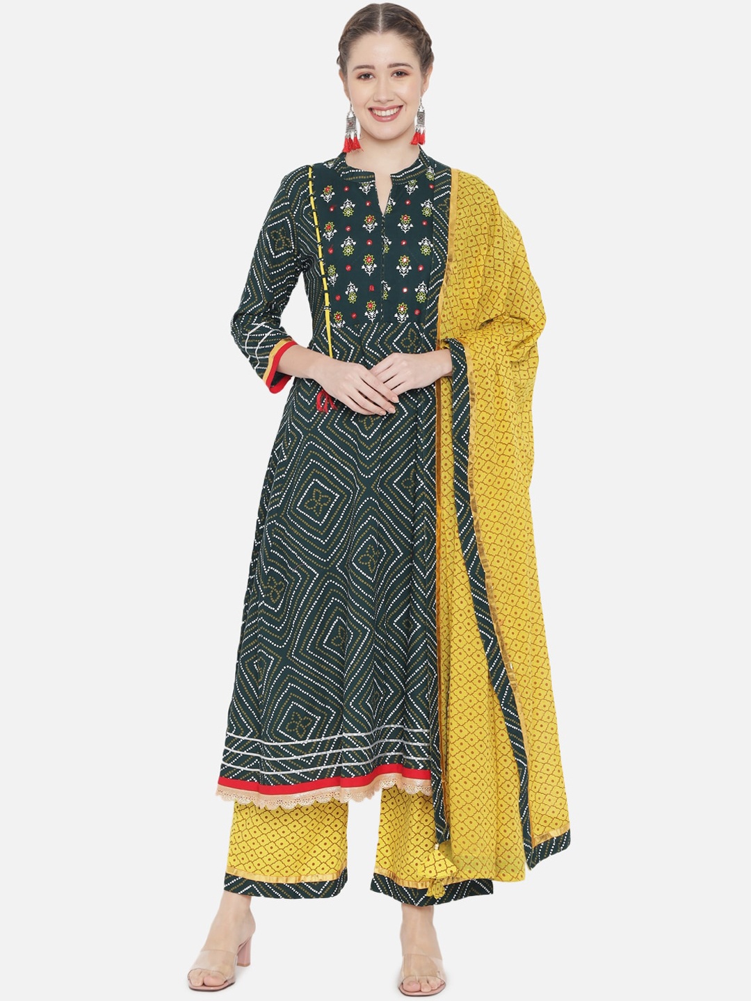 

Prakhya Women Green & Yellow Bandhani Printed Thread Work Kurta with Palazzos & Dupatta