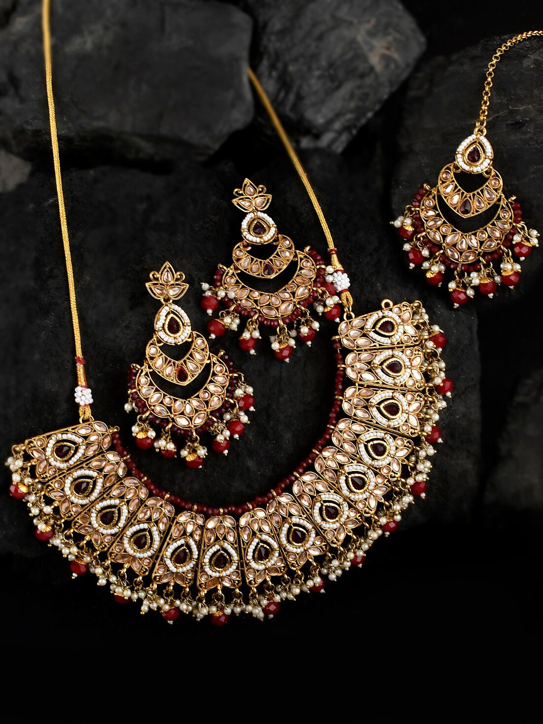 

Shoshaa Maroon Stone-Studded & Beaded Jewelry Set, Gold
