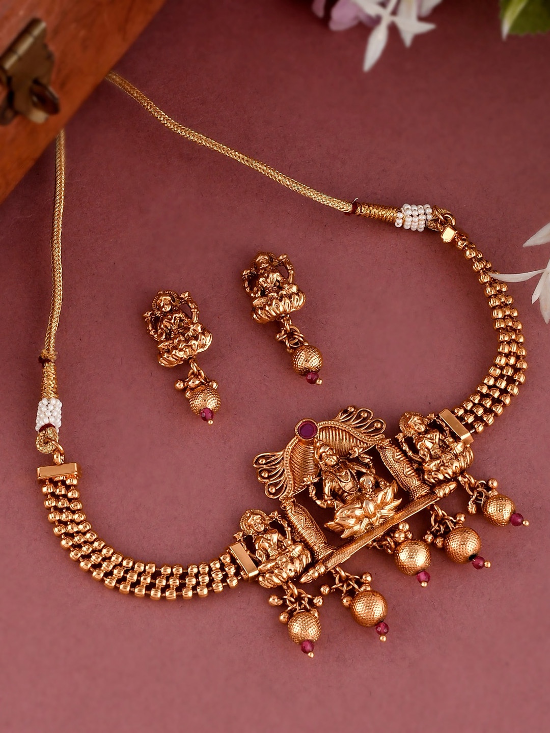 

Shoshaa Gold-Plated Maroon Stone Studded Temple Jewellery Set