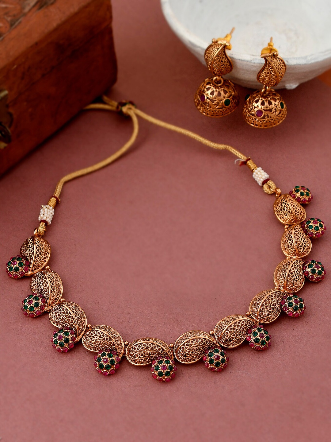 

Shoshaa Gold-Plated Pink & Green Stone-Studded Jewellery Set