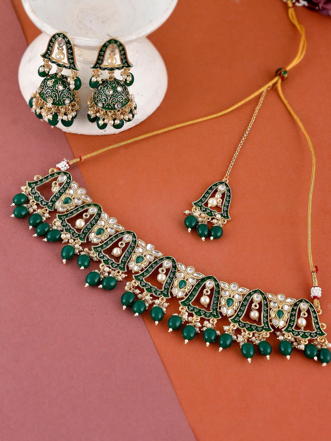 

Shoshaa Gold-Plated White & Green Stone-Studded & Beaded Jewellery Set