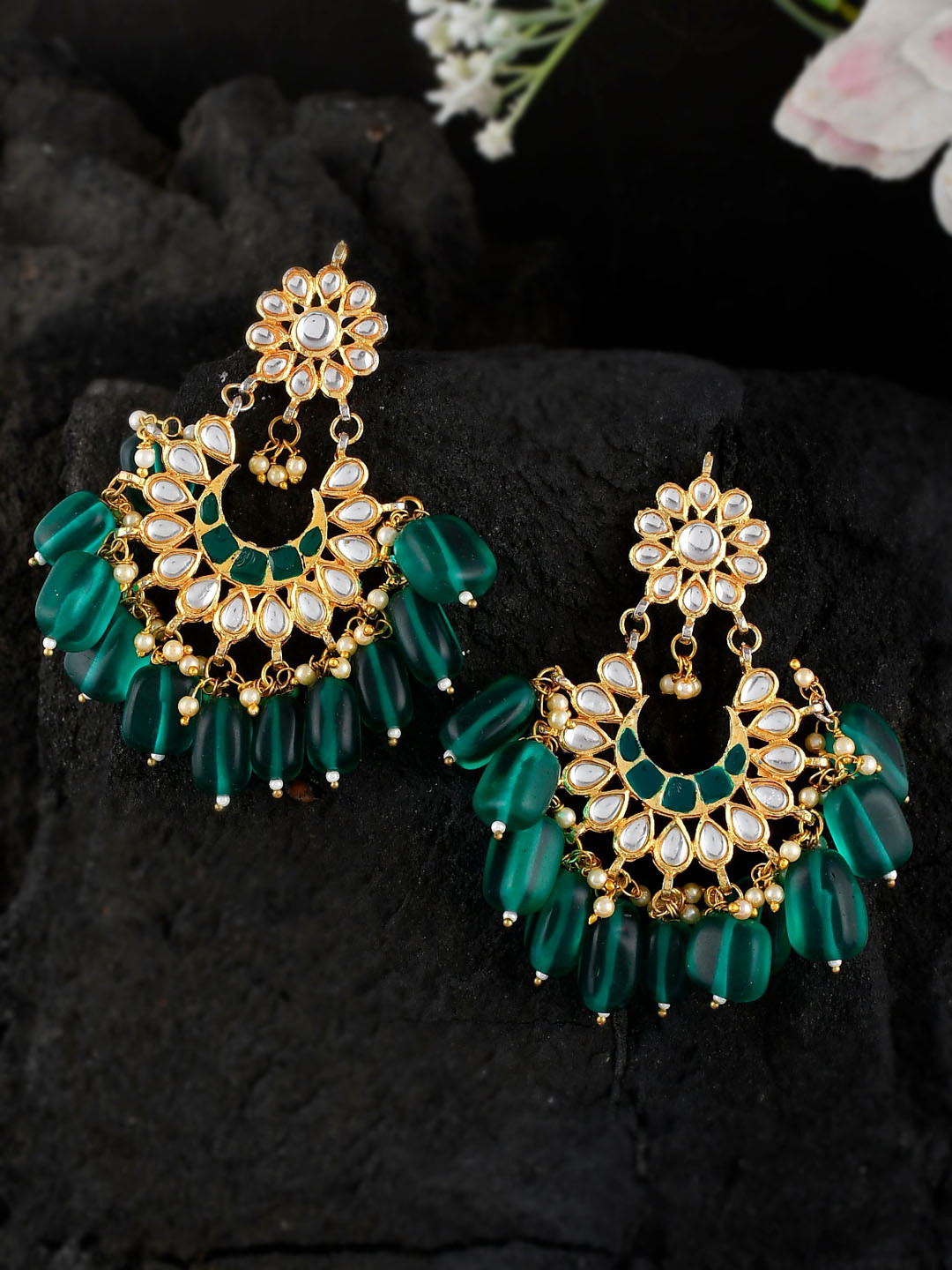 

Shoshaa Gold-Toned & Green Crescent Shaped Chandbalis Earrings