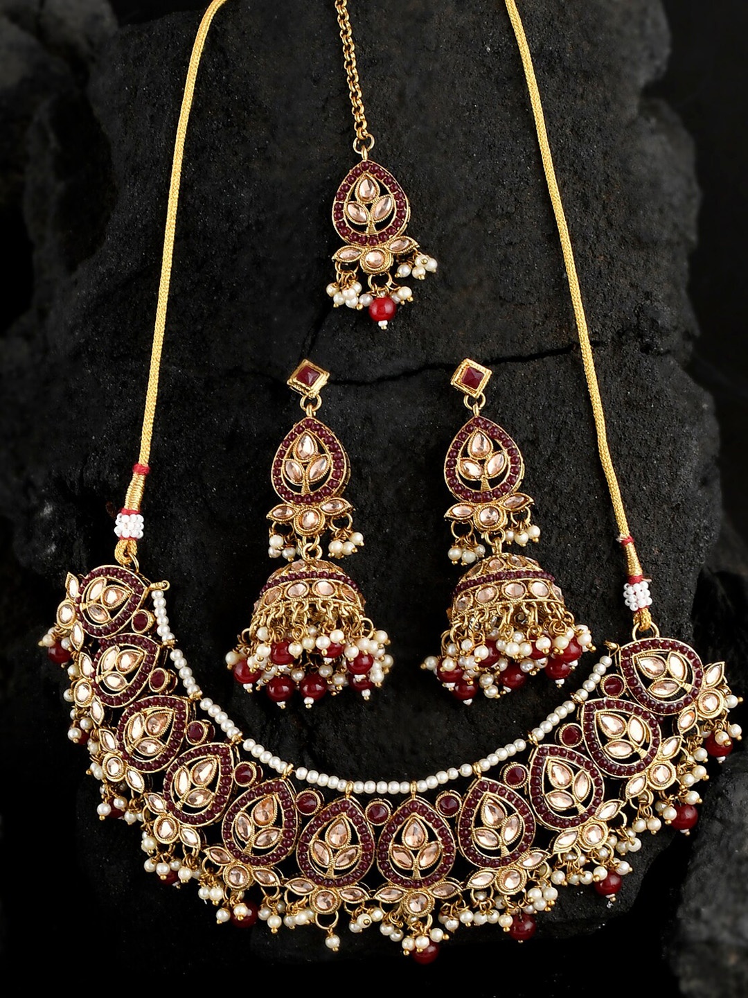 

Shoshaa Gold-Plated Maroon & White Stone-Studded & Beaded Jewellery Set