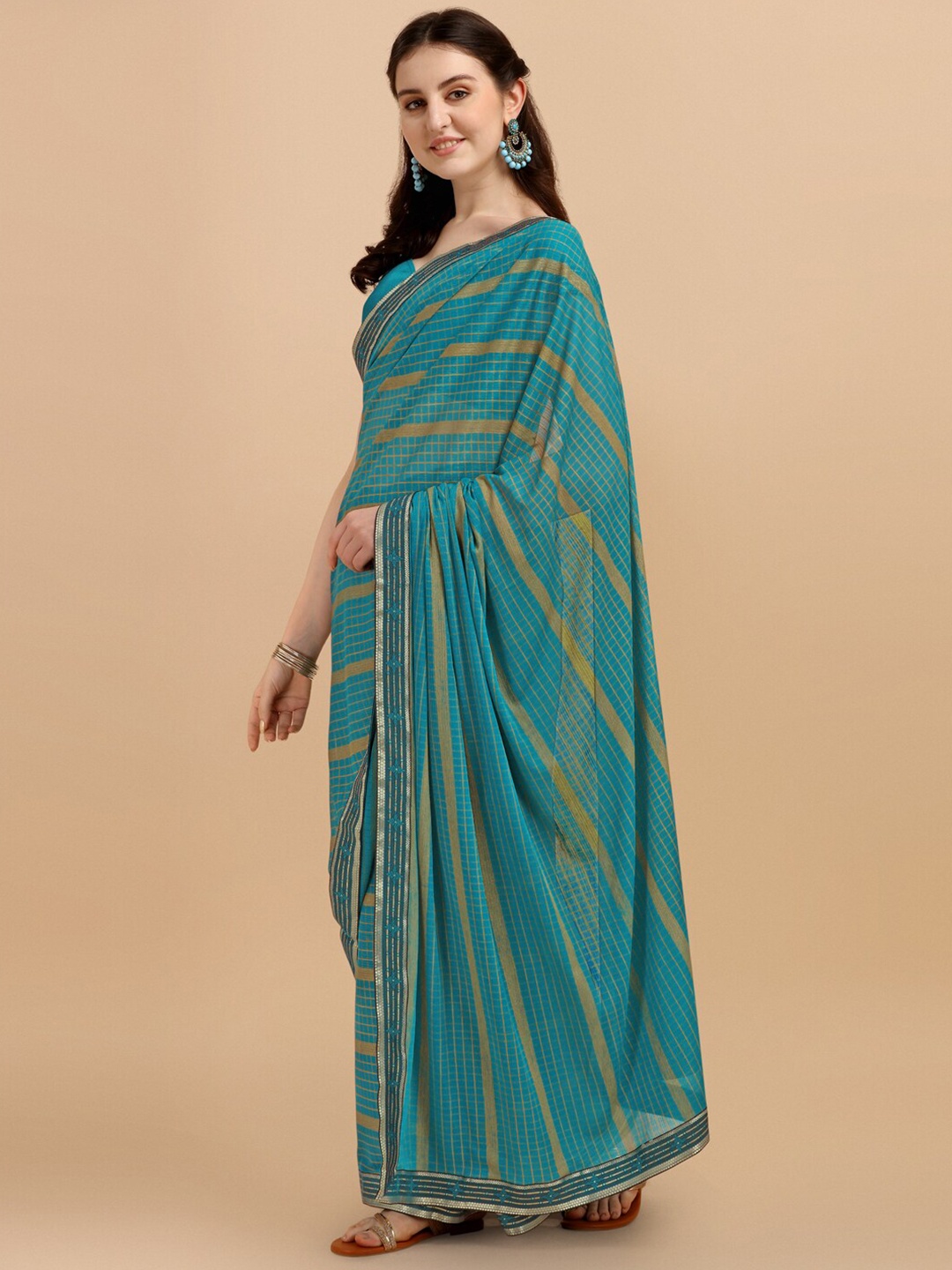 

KALINI Blue & Yellow Checked Linen Blend Saree