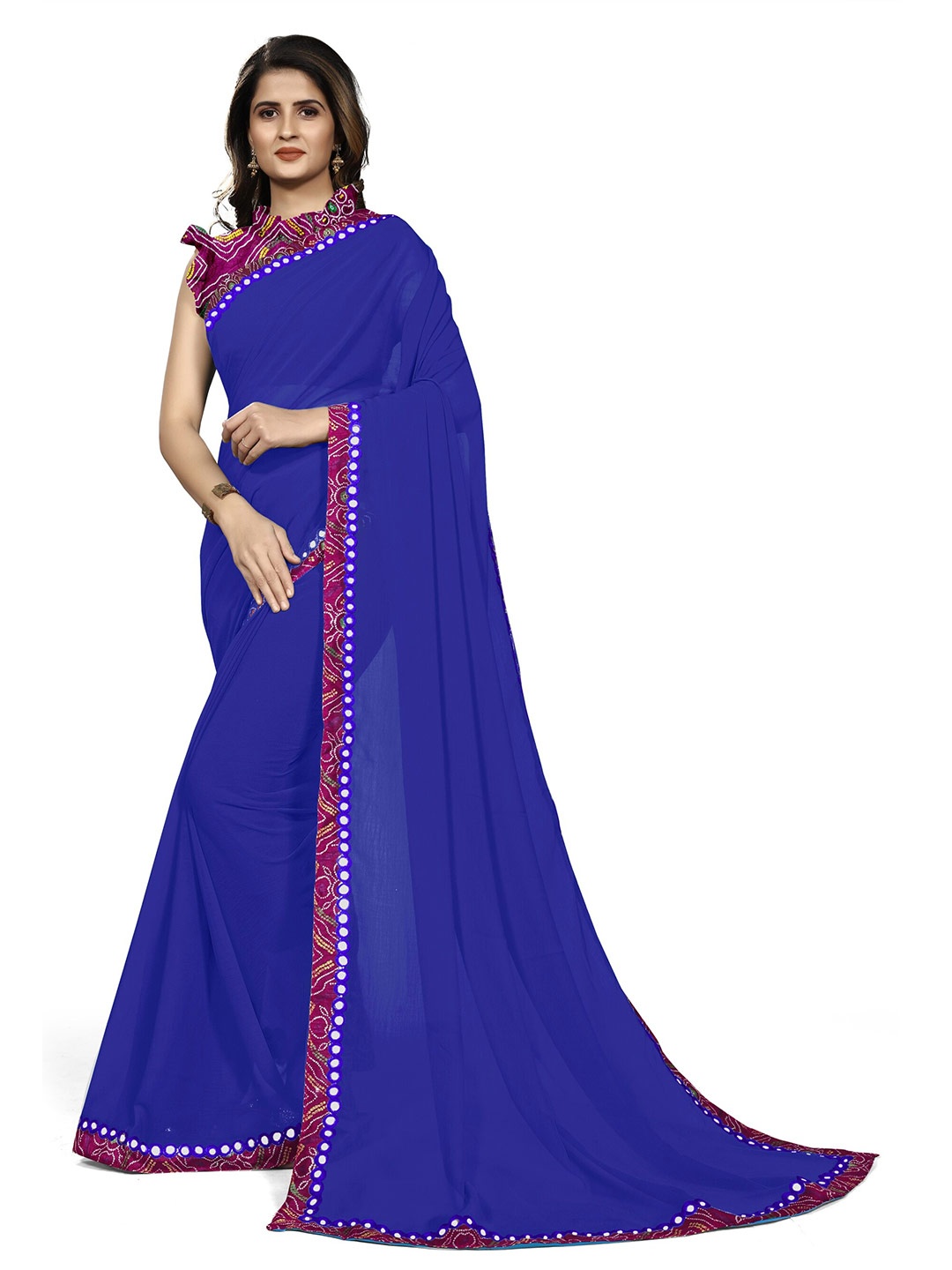 

KALINI Blue & Pink Mirror Work Bandhani Saree