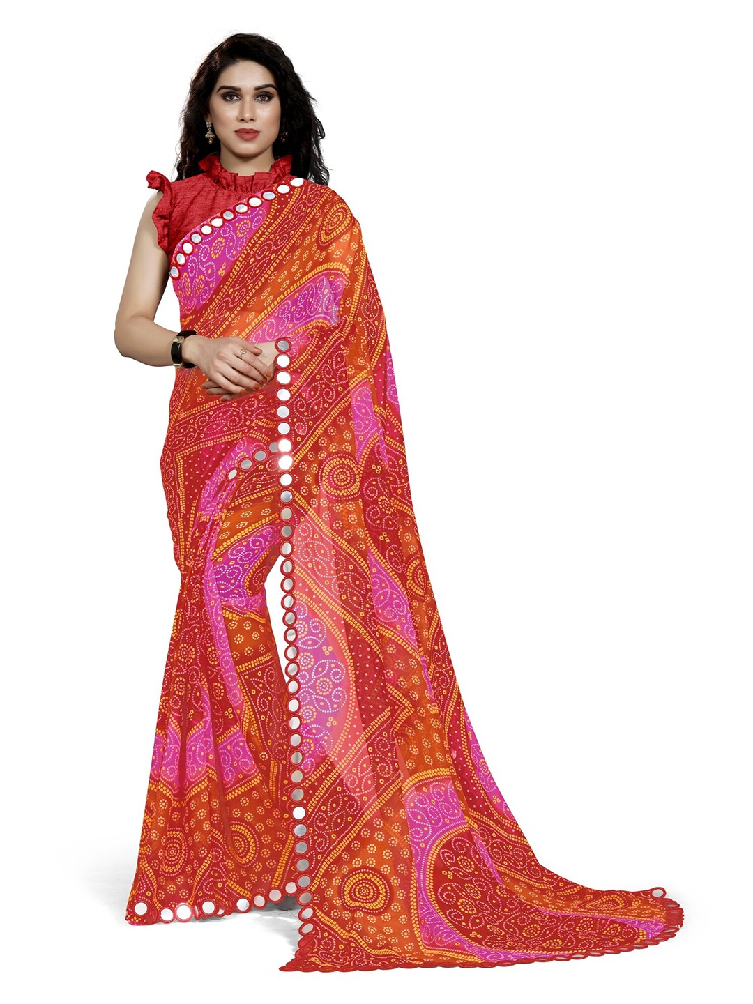 

MIRCHI FASHION Red & Pink Mirror Work Bandhani Saree