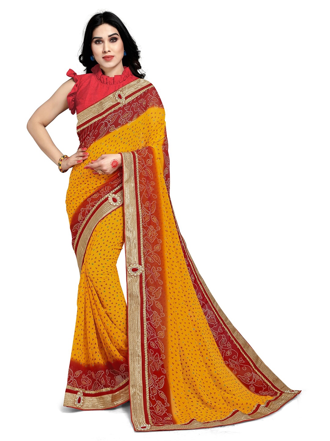 

KALINI Mustard & Maroon Bandhani Patchwork Bandhani Saree