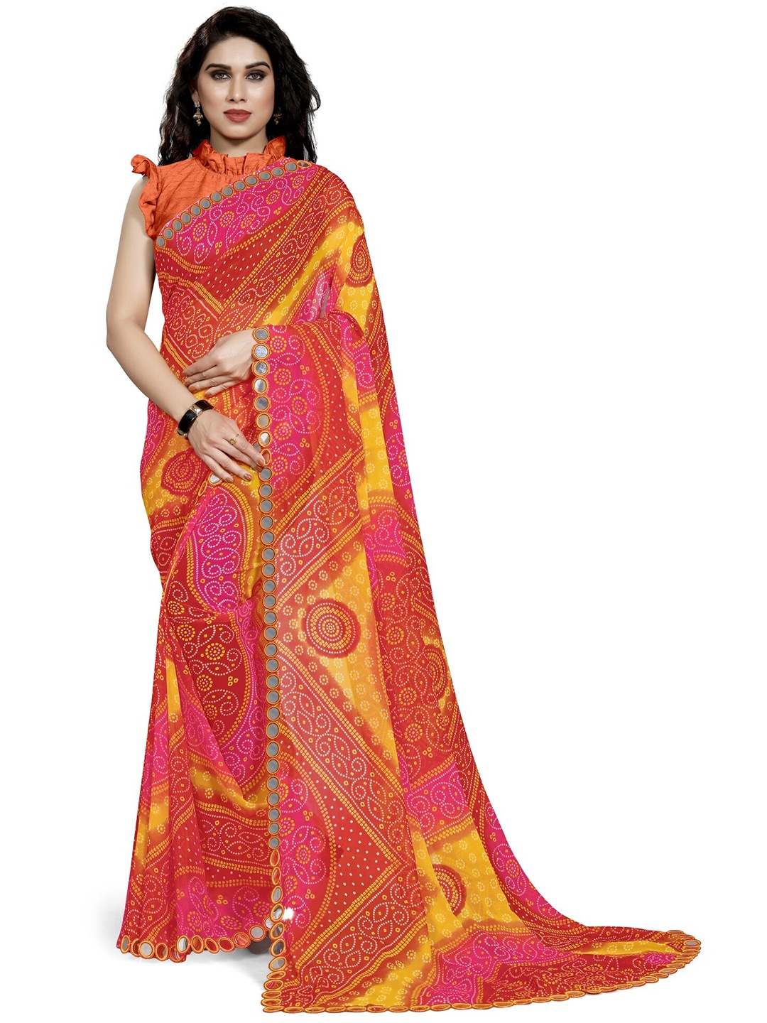 

MIRCHI FASHION Orange & Yellow Bandhani Mirror Work Bandhani Saree