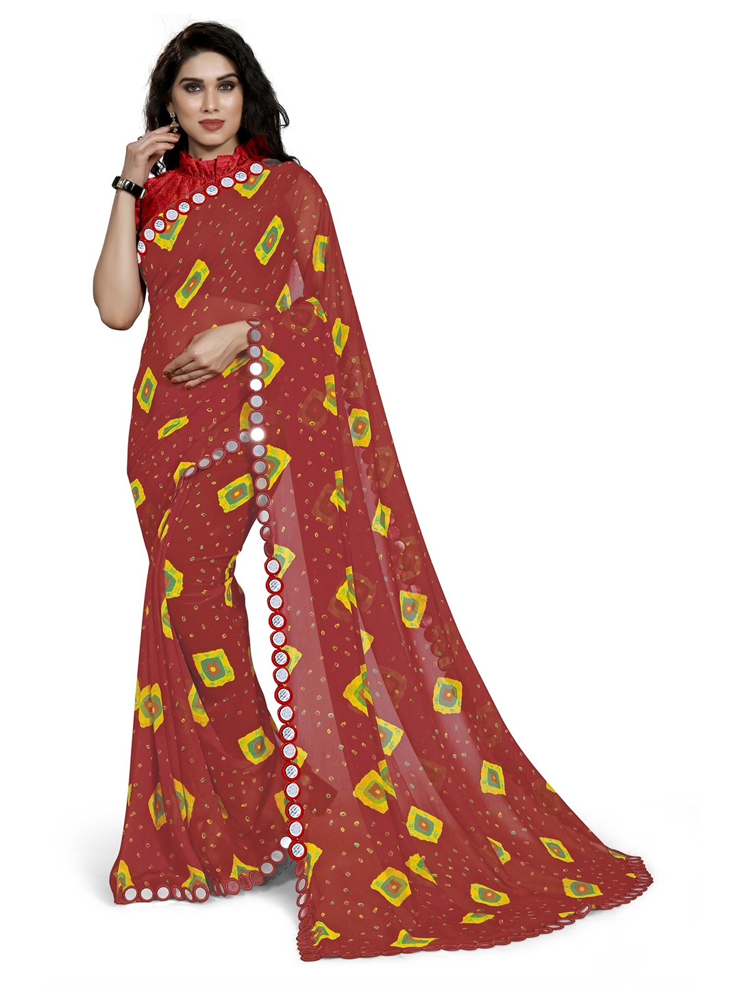 

MIRCHI FASHION Women Red Bandhani Printed Georgette saree