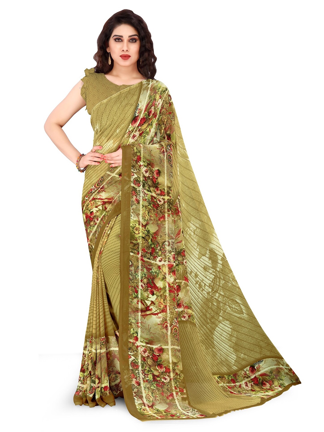 

KALINI Beige & Red Floral Printed Bagh Saree