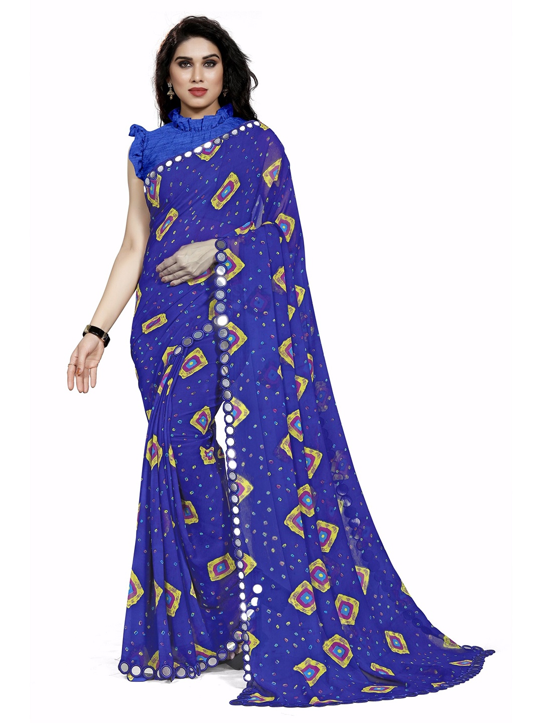 

MIRCHI FASHION Blue & Yellow Bandhani Printed Mirror Work Bandhani Saree