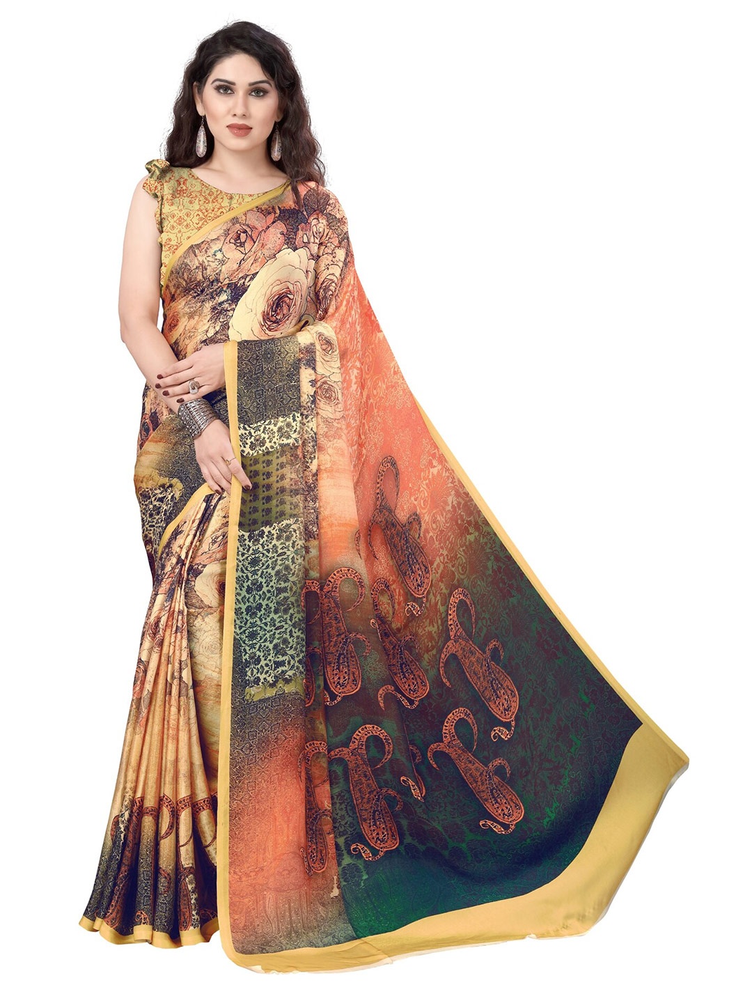 

KALINI Yellow & Green Paisley Satin Bagh Saree