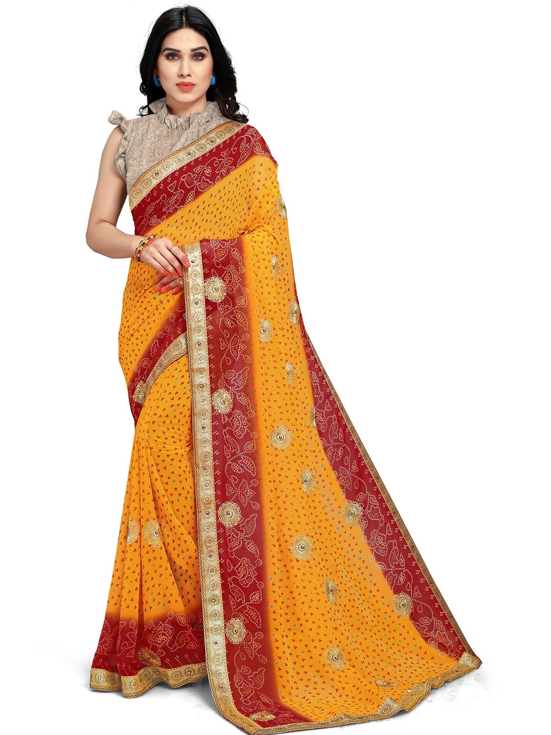 

KALINI Mustard & Red Bandhani Patchwork Bandhani Saree