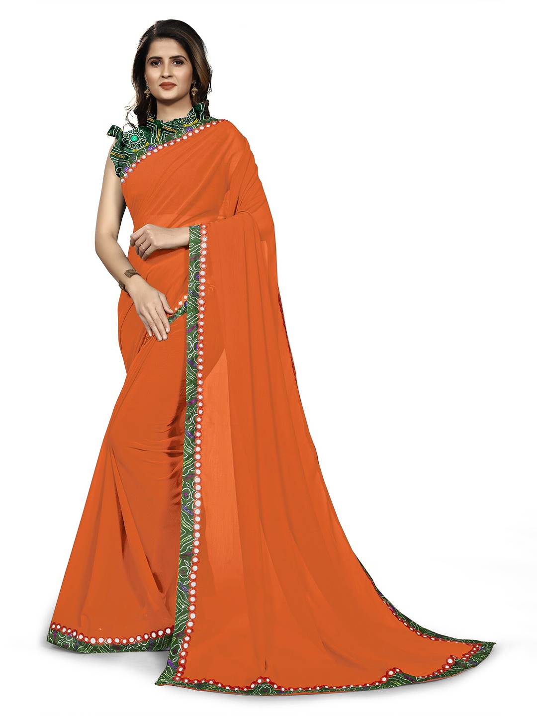 

KALINI Orange & Green Mirror Work Bandhani Saree