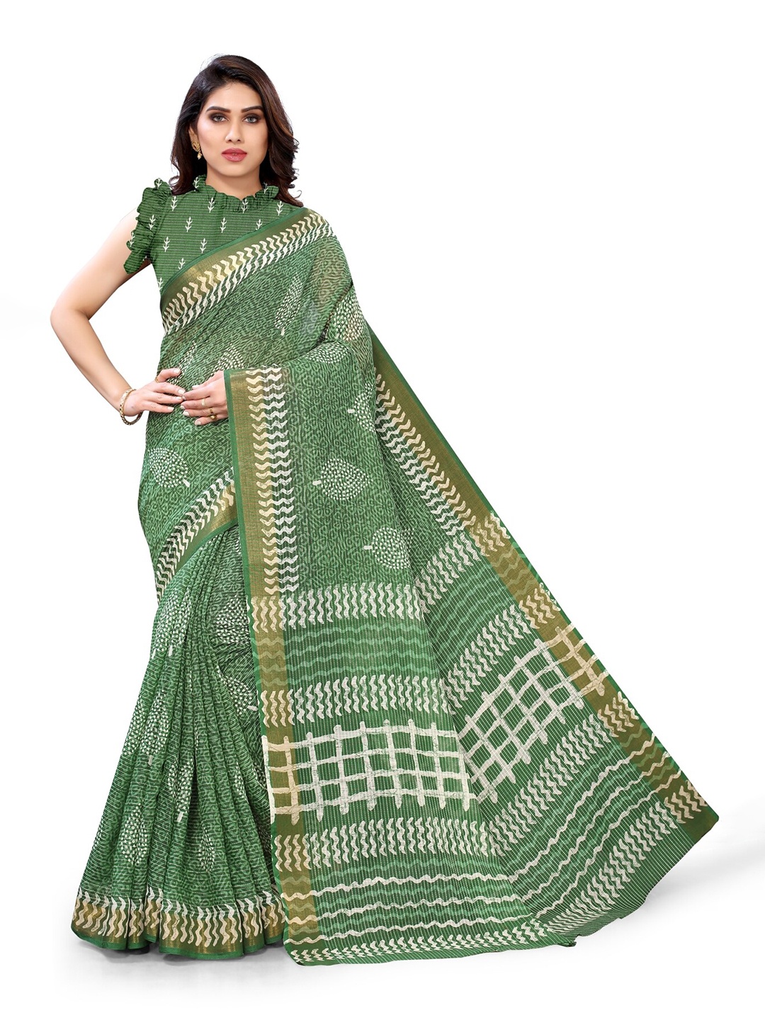 

KALINI Green & White Ethnic Motifs Zari Block Print Saree