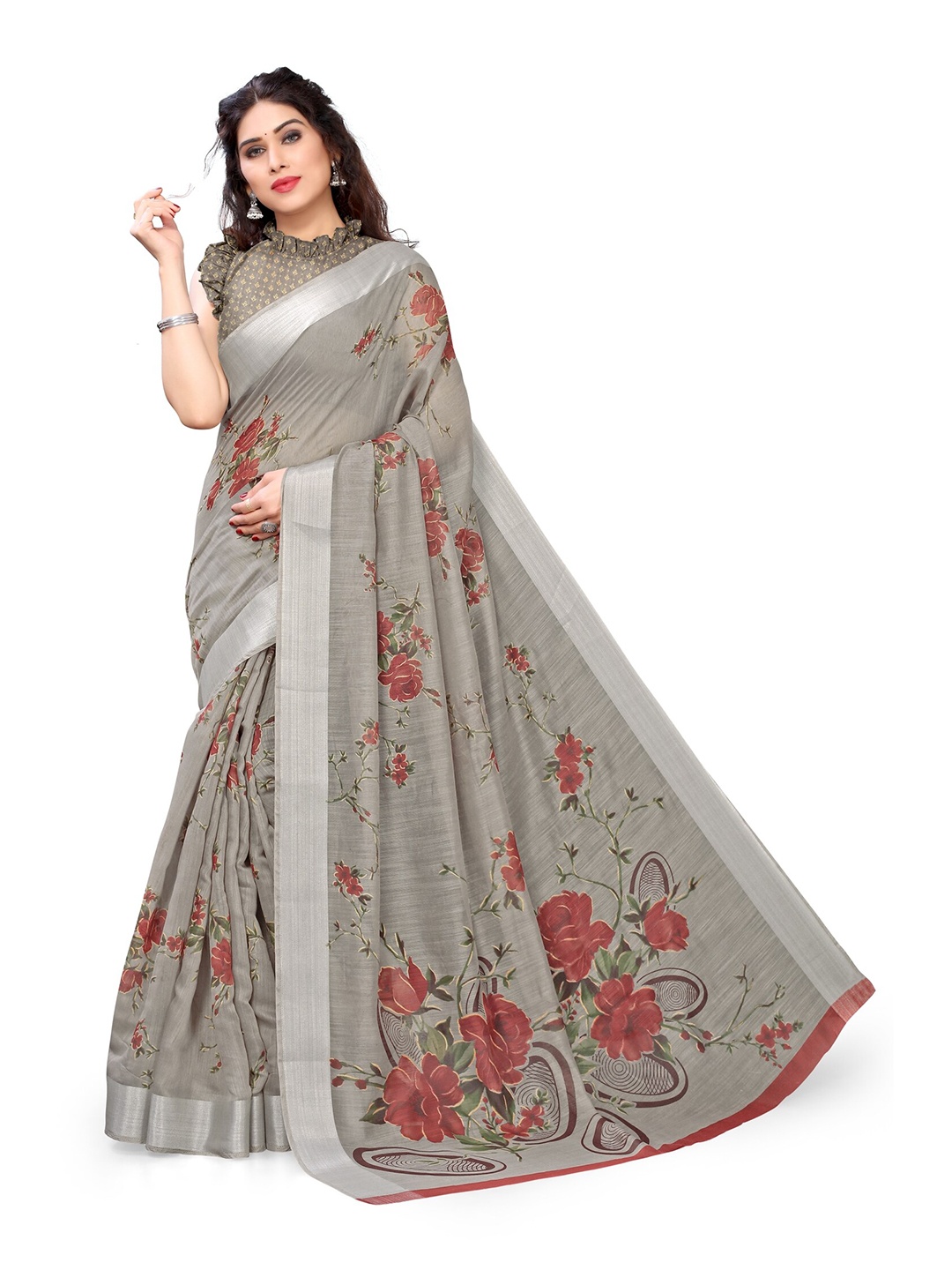 

KALINI Taupe & Maroon Floral Zari Bagh Saree