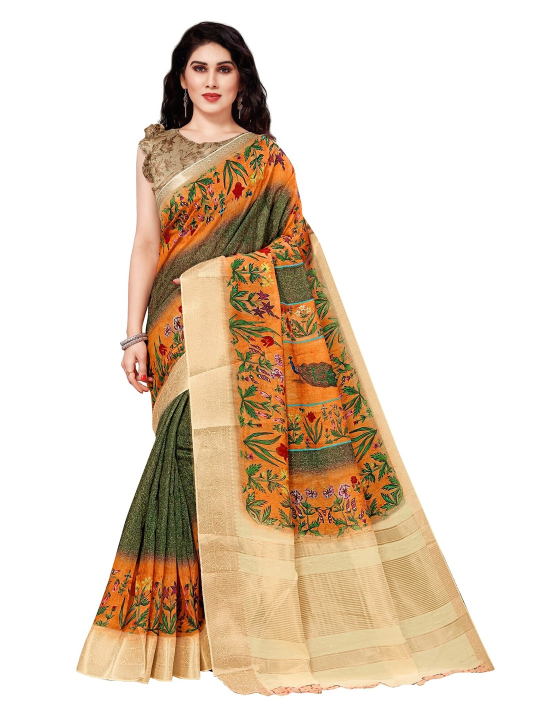 

MIRCHI FASHION Green & Orange Ethnic Motifs Zari Silk Cotton Ikat Saree