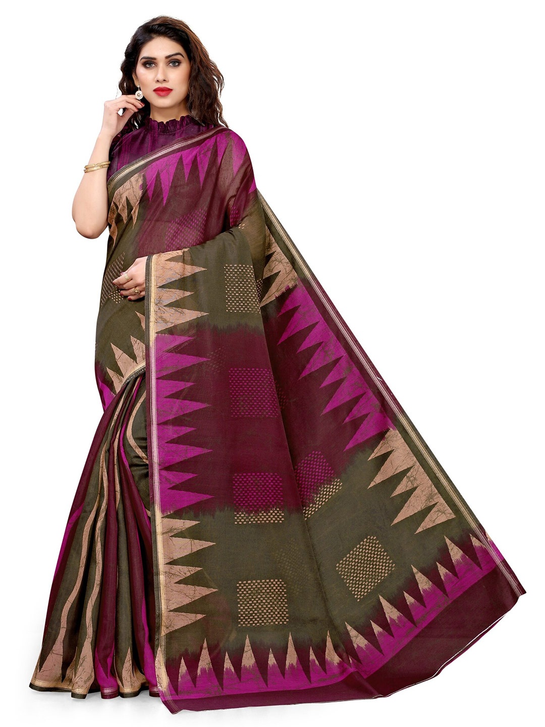 

KALINI Green & Pink Block Print Saree