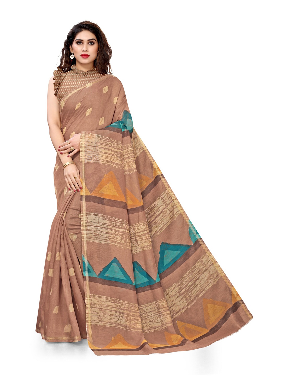 

KALINI Brown & Turquoise Blue Ethnic Motifs Zari Block Print Saree