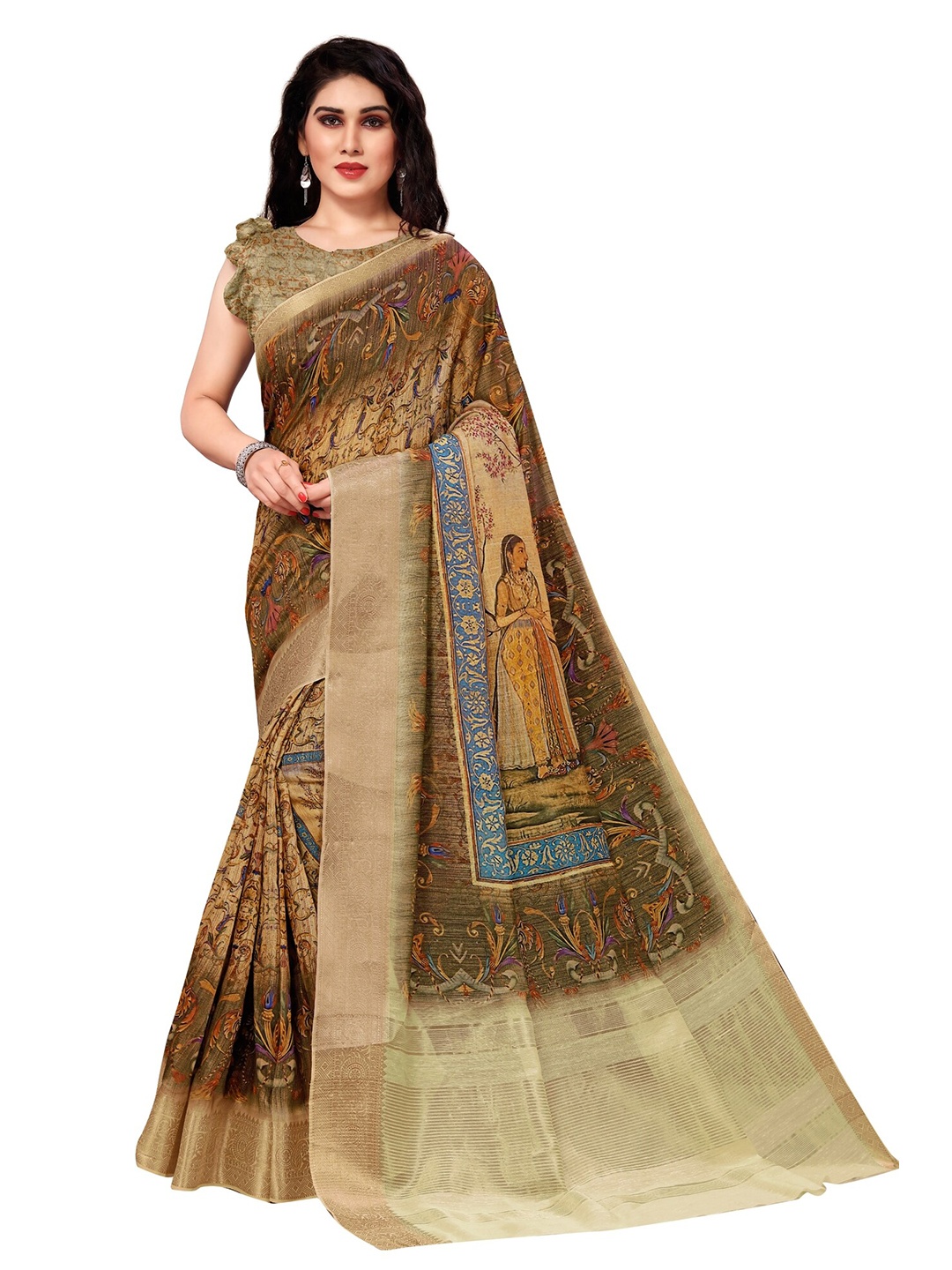 

MIRCHI FASHION Brown & Blue Ethnic Motifs Zari Silk Cotton Bagh Saree