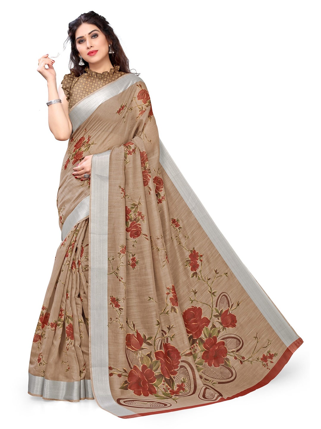 

KALINI Brown & Green Floral Printed Designer Bagh Saree