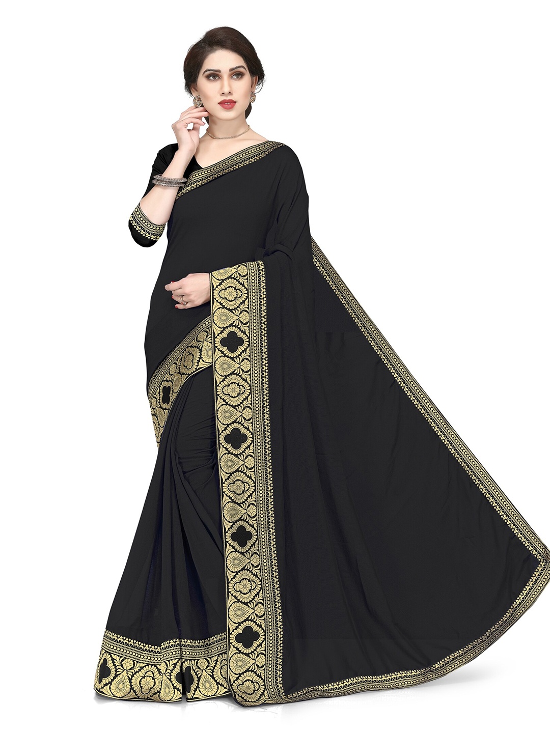 

KALINI Black & Gold-Toned Chiffon Zari Saree