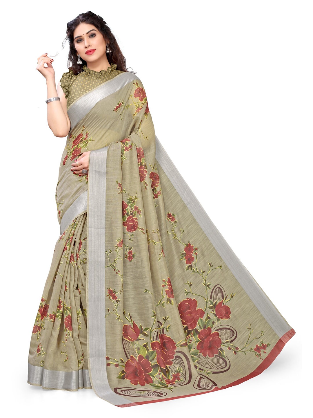 

KALINI Green & Red Floral Zari Bagh Saree
