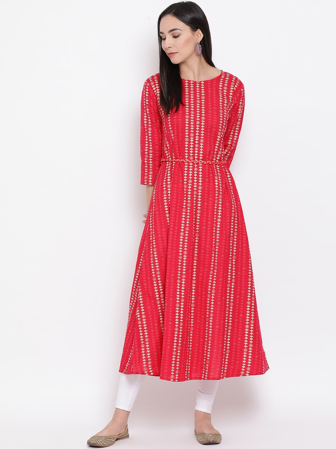 Span Women Pink Striped Keyhole Neck Flared Sleeves Mirror Work Kurta