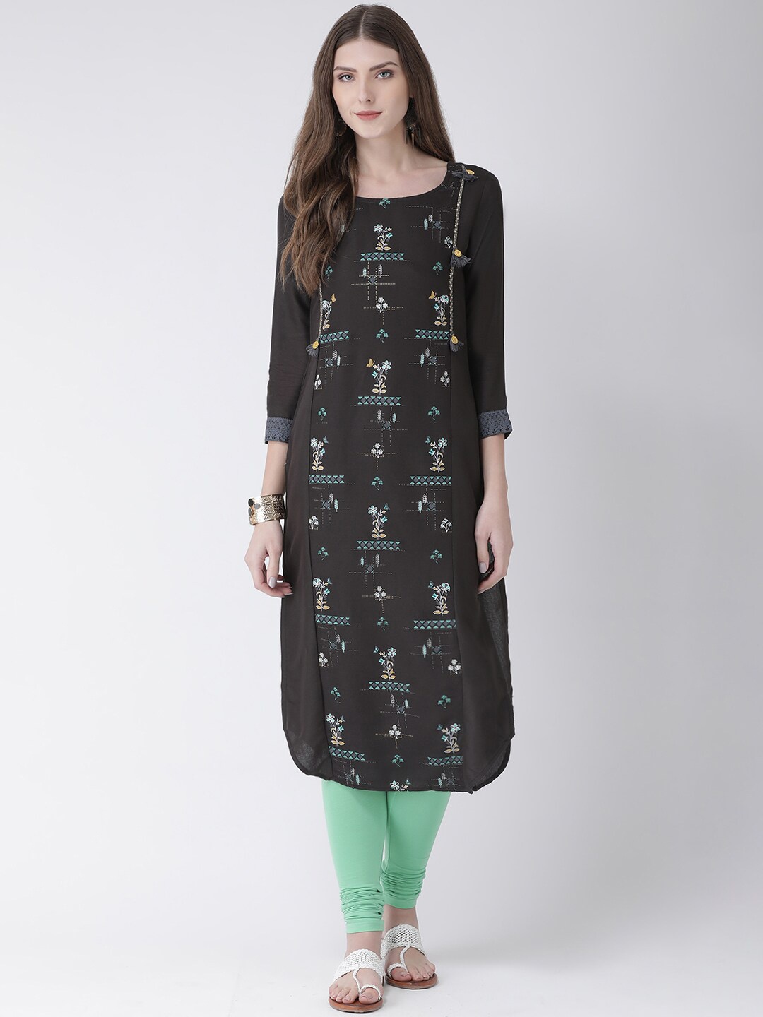 

Span Women Grey & Yellow Ethnic Motifs Embroidered Straight Kurta