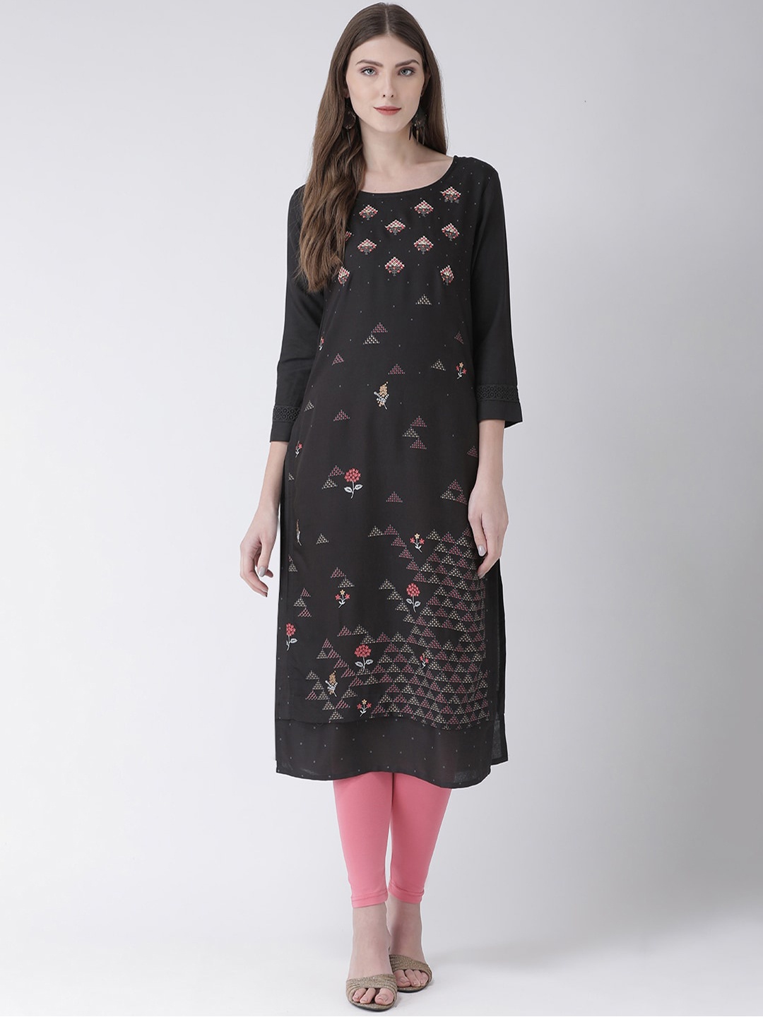 Span Women Grey & Pink Floral Embroidered Straight Kurta