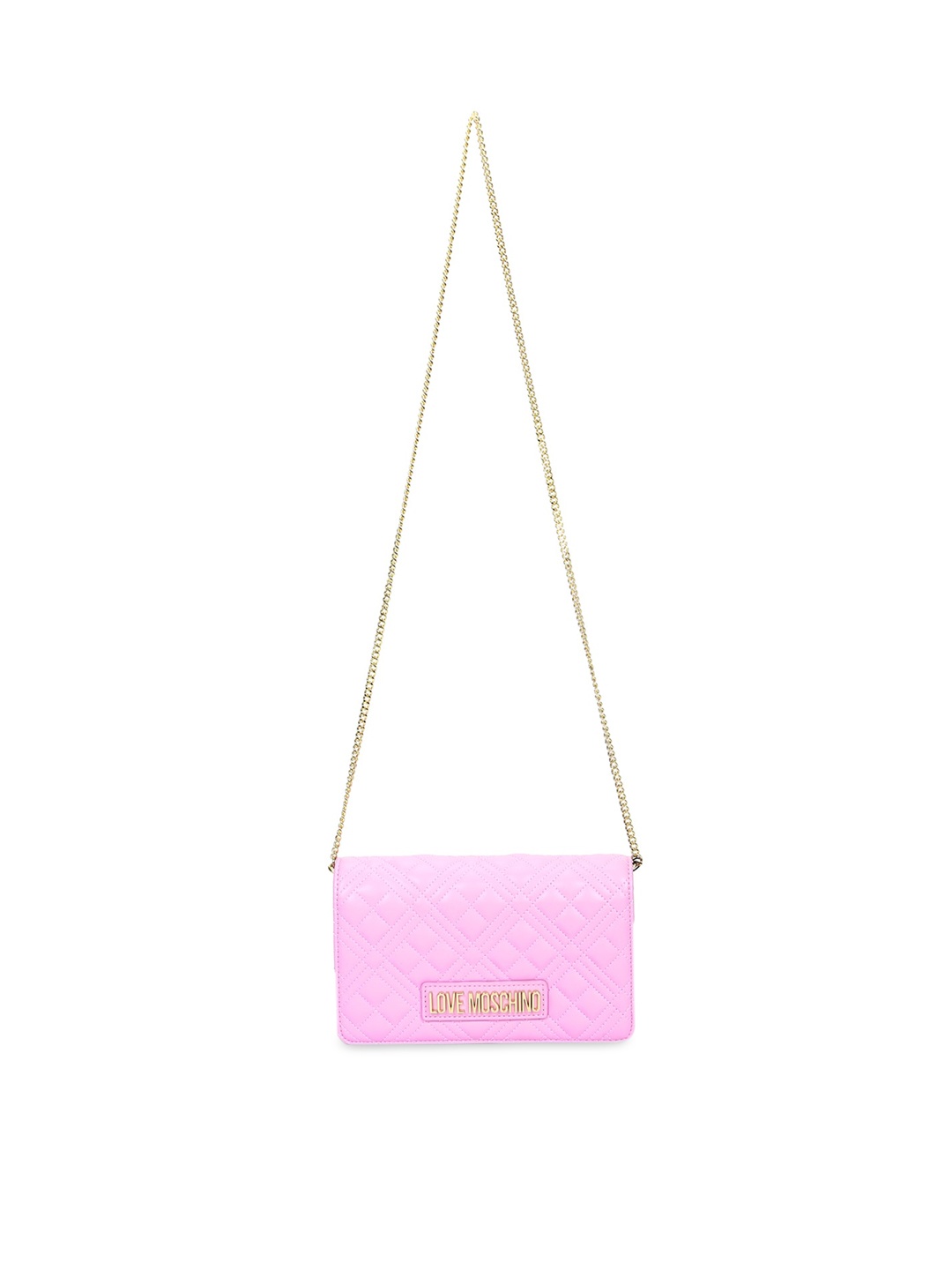 

LOVE MOSCHINO Pink Textured Leather Structured Sling Bag with Quilted