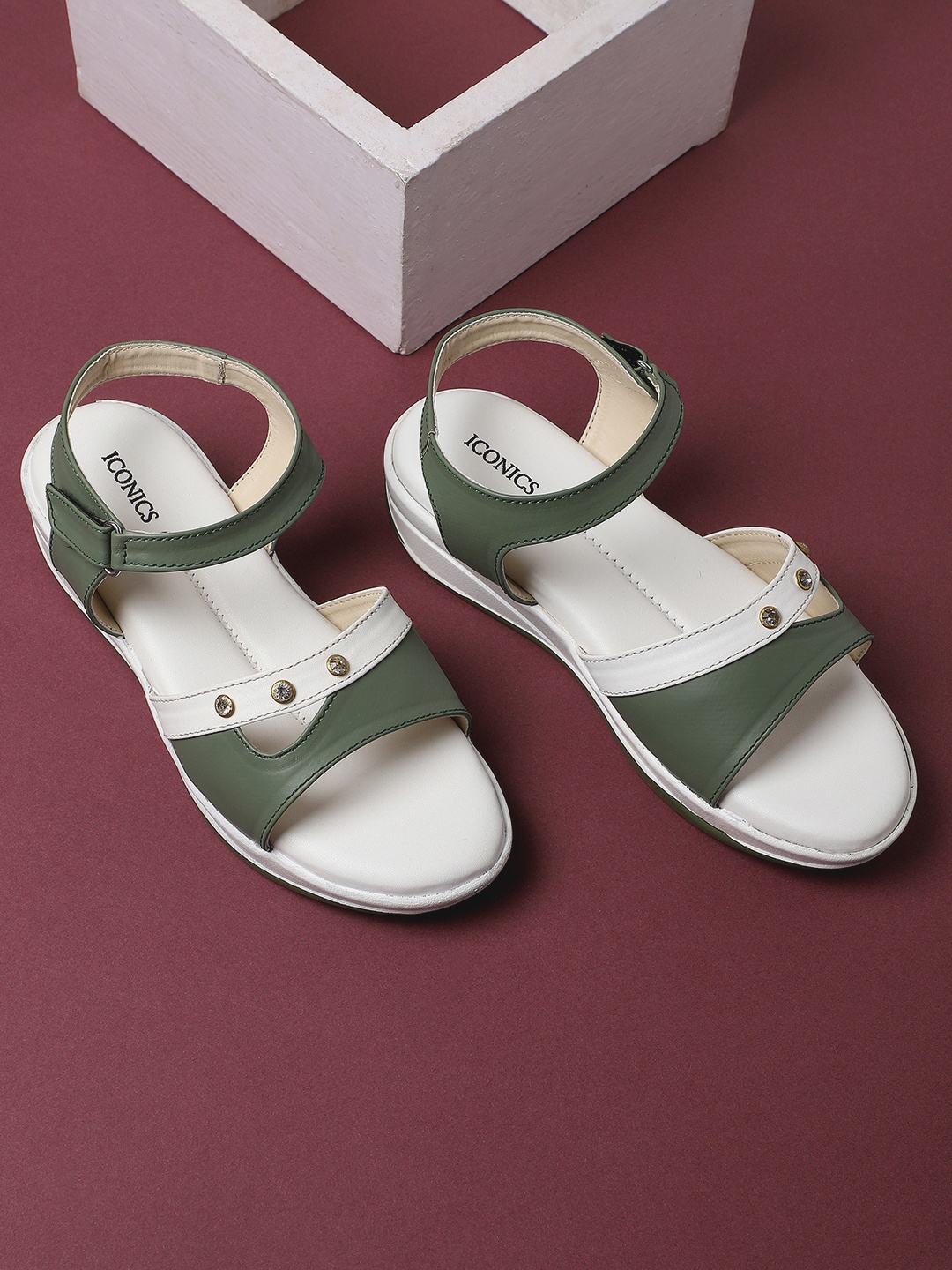 

ICONICS Green Colourblocked Wedge Sandals with Buckles