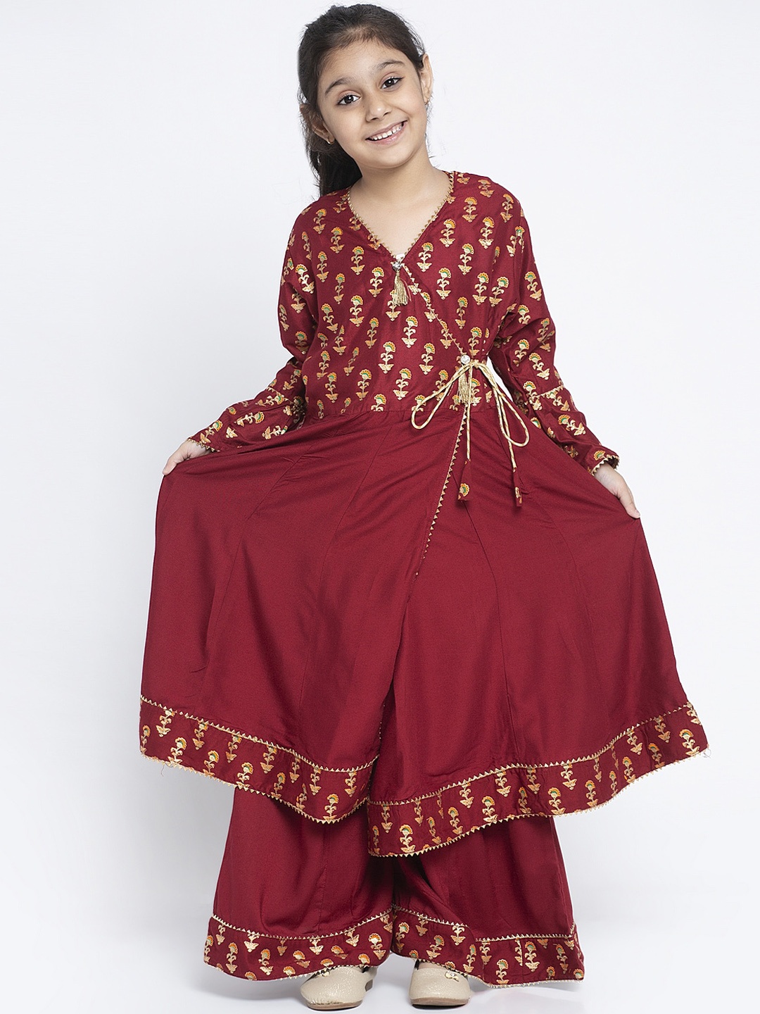 

KYDZI Girls Maroon Floral Angrakha Gotta Patti Kurta with Palazzos