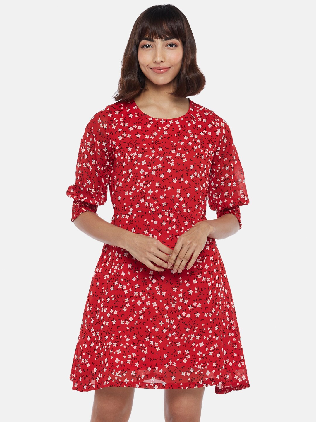 

People Women Red & White Floral Round Neck A-Line Dress