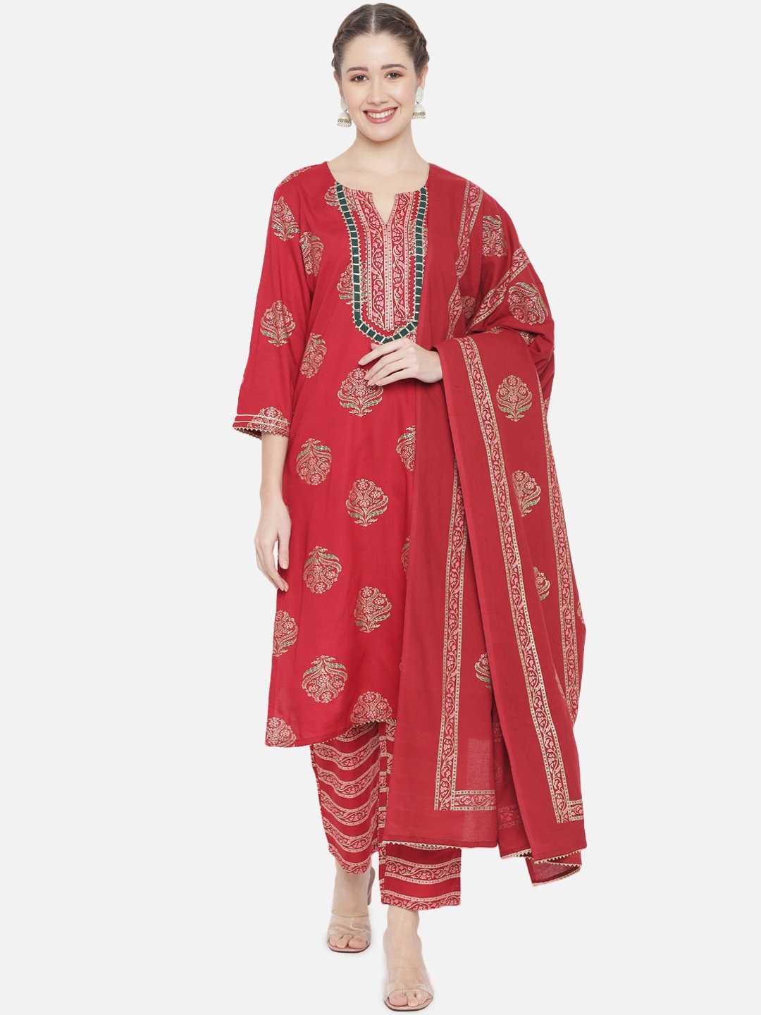 

Prakhya Women Red Ethnic Motifs Printed Kurta with Trousers & With Dupatta