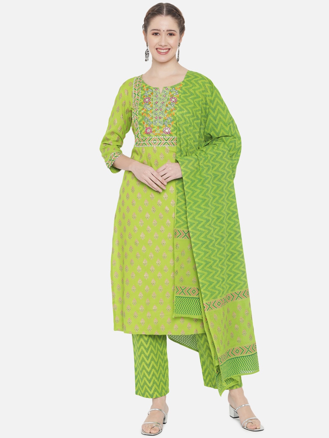 

Prakhya Women Green Ethnic Motifs Printed Thread Work Kurta with Trousers & Dupatta