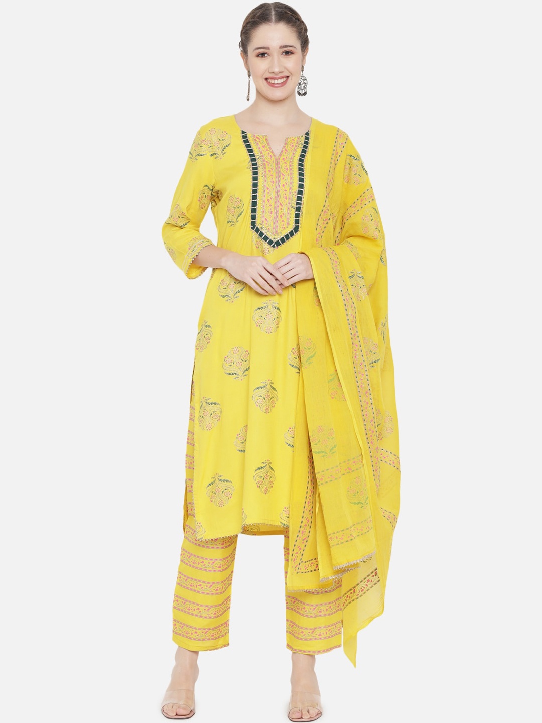 

Prakhya Women Yellow Ethnic Motifs Printed Kurta with Trousers & With Dupatta