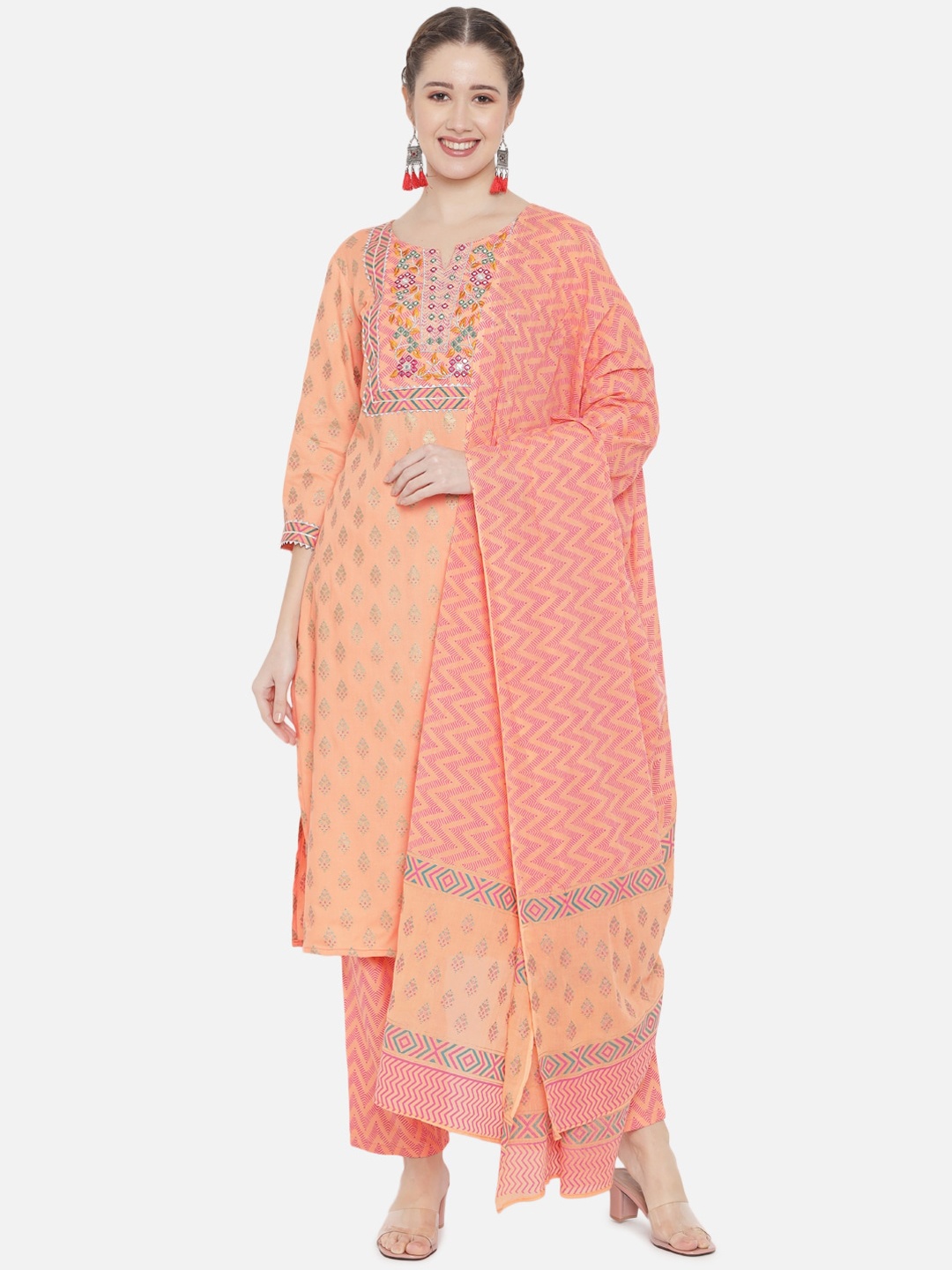 

Prakhya Women Orange Ethnic Motifs Embroidered Kurta with Trousers & With Dupatta