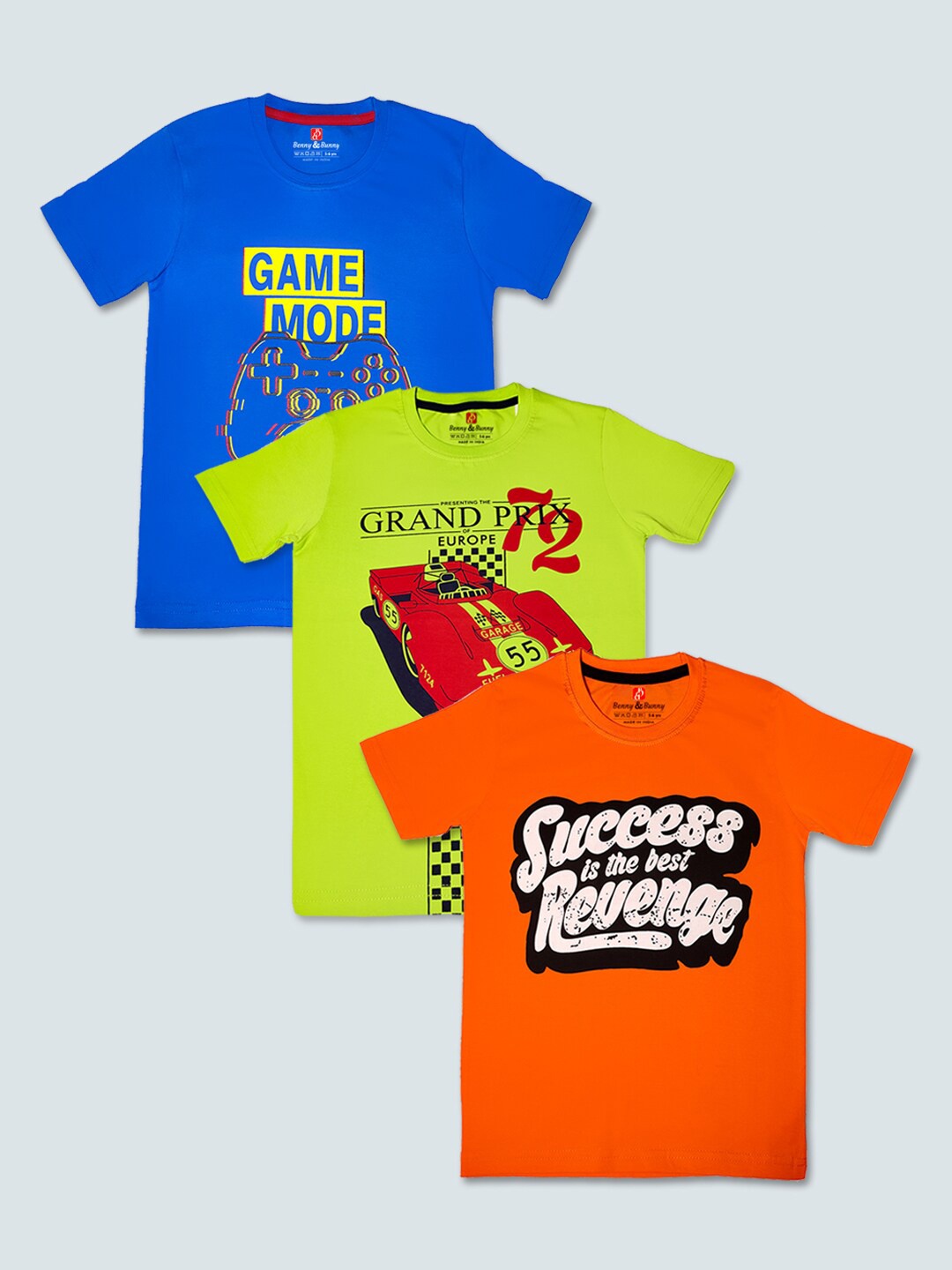 

Benny n Bunny Boys Orange, Yellow & Blue Typography 3 Printed Pure Cotton T-shirt