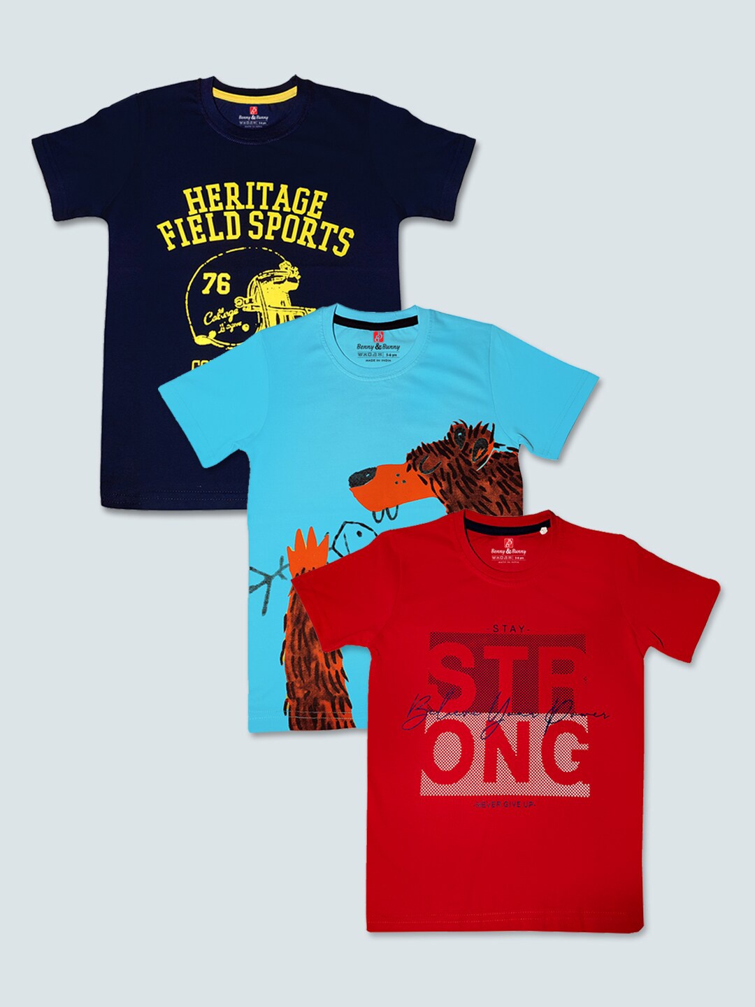 

Benny n Bunny Boys Blue & Red Typography 3 Printed Pure Cotton T-shirt