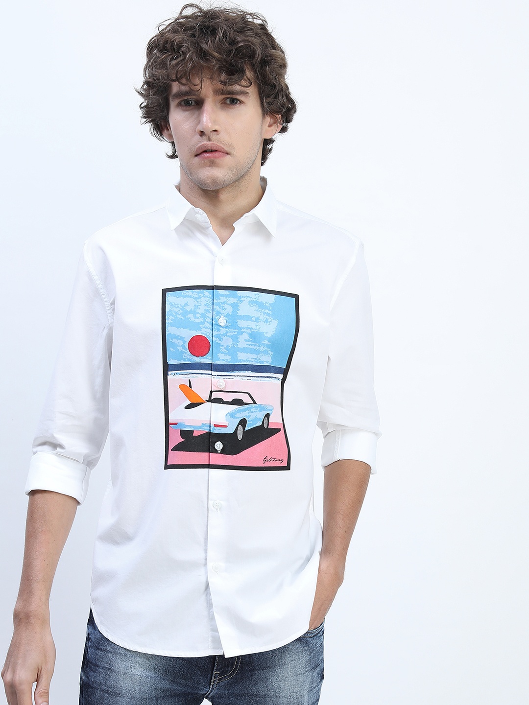 

HIGHLANDER Men White Slim Fit Printed Casual Shirt