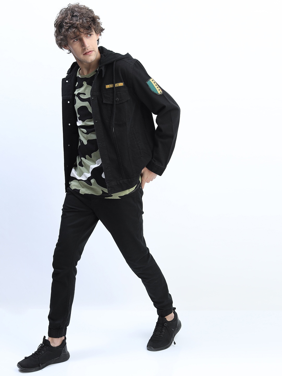 

HIGHLANDER Men Black Green Denim Jacket with Patchwork