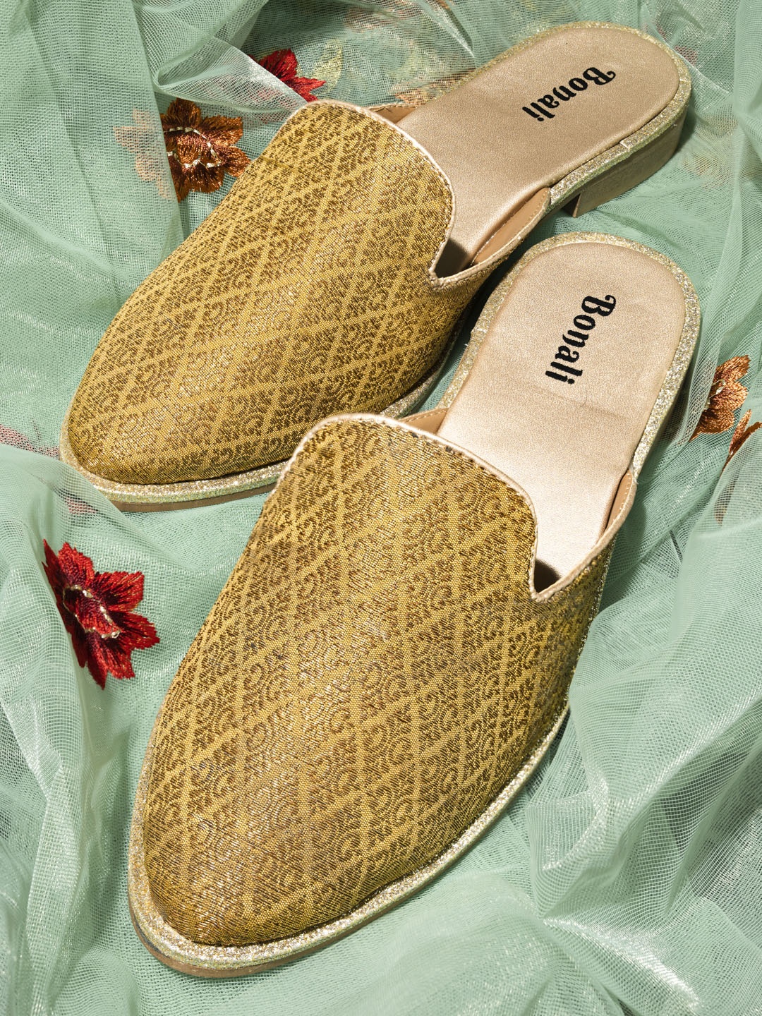

BONALI Women Mustard Embellished Woven Design Mules