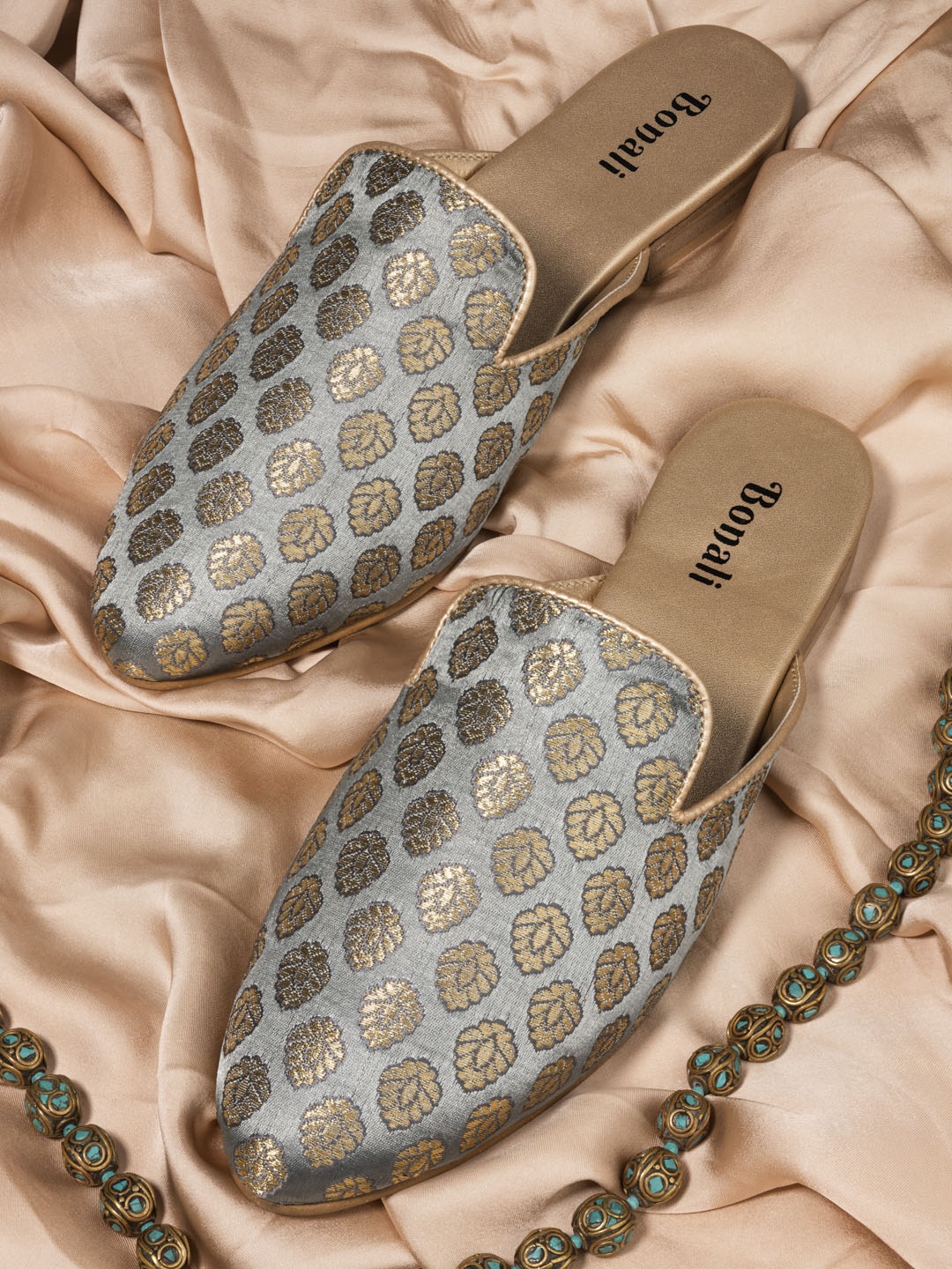 

BONALI Women Green Woven Design Slip-On Mules