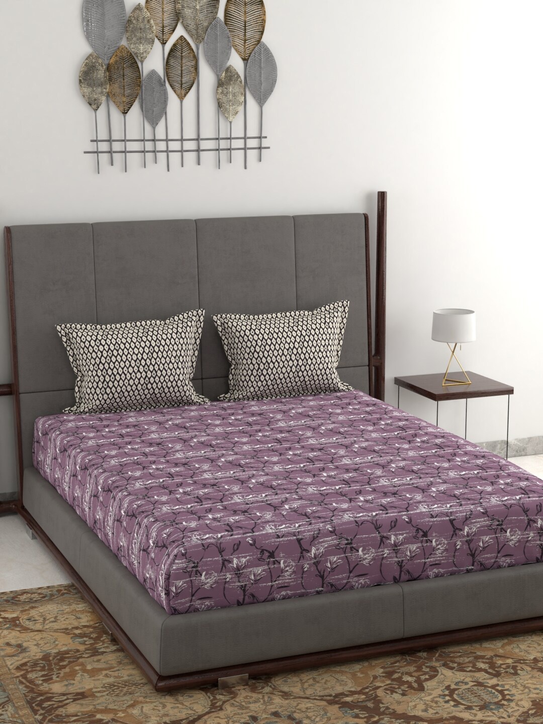 

MYTRIDENT Purple Black Floral 120 TC Queen Bedsheet with 2 Pillow Covers