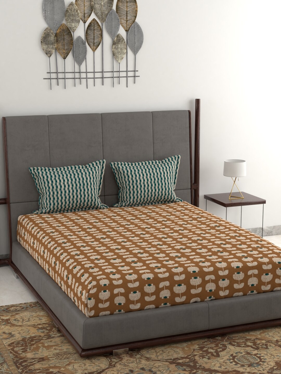 

Trident Mustard & Beige Floral 120 TC Queen Bedsheet with 2 Pillow Covers