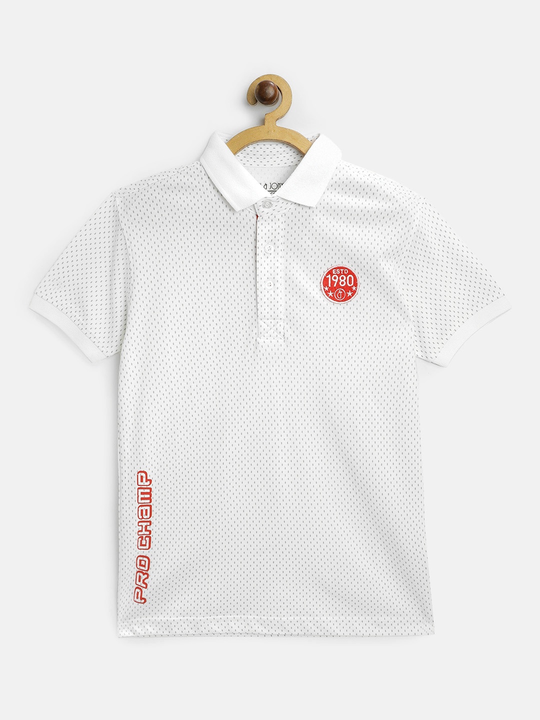 

Gini and Jony Boys White & Grey Cotton Micro Printed Polo Collar Applique T-shirt